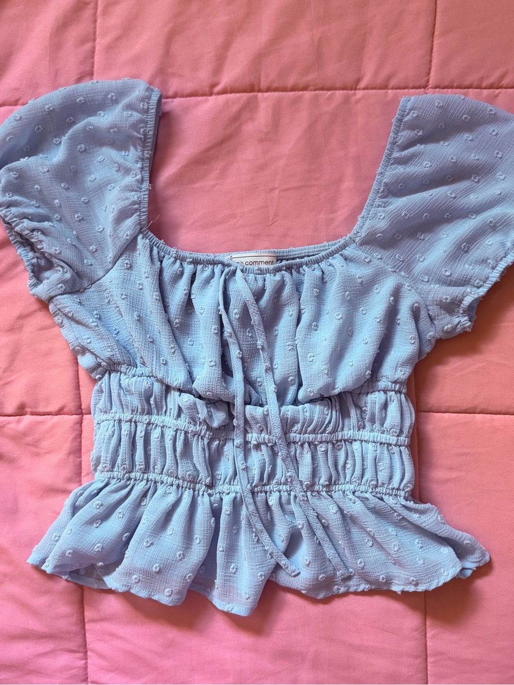 Comment Light Blue Swiss Dot Smocked Peplum Blouse